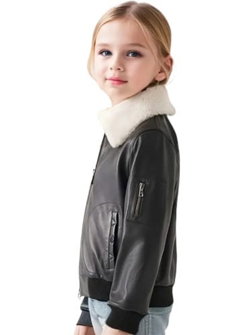 Kids Black Bomber Leather Jacket ,Kids Fur Jacket, Children Winter Jacket, Winter Jacket, Leather Jacket Fur Collar, Kid Gift, Easter Gifts image 3