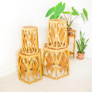 Nest of 4 Rattan Hexagonal Side Tables / Stools / Plant Stands, Vintage Boho Home Decor