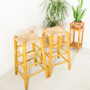 Pair of Rattan Wooden Bar Stools, Vintage Boho Home Decor / Outdoor Chair Decor