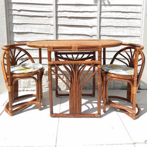 Bamboo Bistro Set with cushions / Dining table with chairs, Vintage Boho Bohemian Home Decor