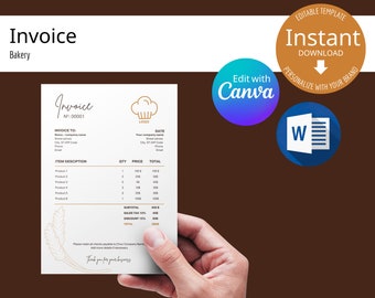 Invoice template for a bakery - Printable and editable on canva and Microsoft Word - For small business BK1