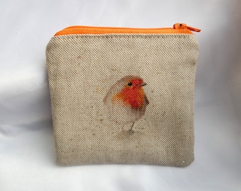 Robin bird print zip coin purse, Natural canvas fabric coin pouch, Small coin purse with cute bird print, Unisex zip purse, Robin bird gift