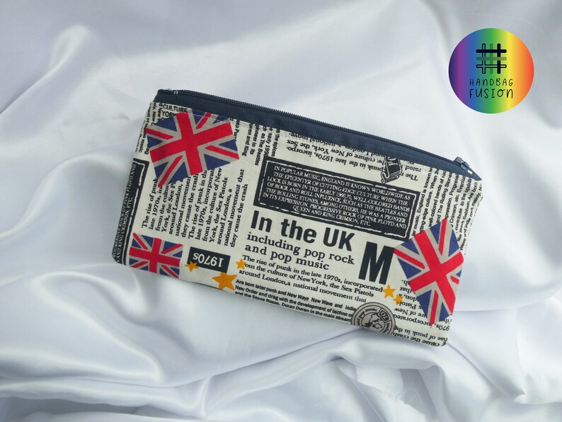 Sac à main zippé Union Jack, étui à crayons stationnaire dart marine noir, pochette de rangement zippée, pochette de sac à main zippée musicale britannique des années 1970, pochette de voyage image 5