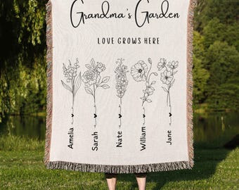Custom Birth Flower Blanket, Personalized Kids Name Throw, Mom Granny Gift, Mother's Day Gift, Birth Flower Keepsake Family Heirloom Blanket