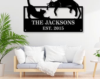 Personalized Cat Metal Sign, Custom Family Name Wall Art