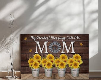 Personalized Mom Sunflower Canvas Art, Custom Family Names Sign