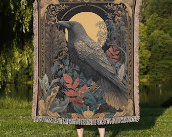 Raven Woven Throw Blanket, Raven Blanket, Crow Blanket, Gothic Blanket, Bird Blanket, Corvid Gift, Raven Home Decor, Cozy Black Bird Throw
