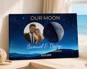 Custom Moon Phase Canvas, Personalized Anniversary Gift, Couples Wedding Gift, His & Her Lunar Art, Engagement Gift, Moon Phase  Wall Decor