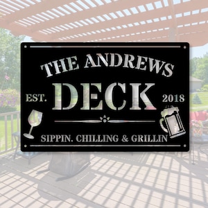 May include: Black metal sign with the text "THE ANDREWS DECK EST. 2018 SIPPIN. CHILLING & GRILLIN". The sign features a wine glass and a beer mug graphic.