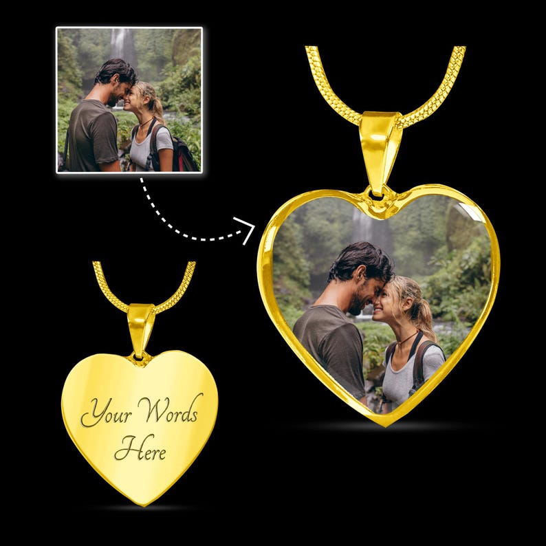 a person holding a heart shaped pendant with a picture of a man and a woman