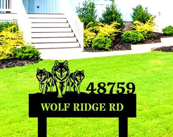 Personalized Wolf Pack Metal Address Stake, Custom House Number Sign, Front Yard Signs, Housewarming Gift