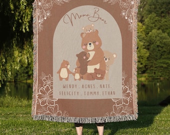 Personalized Mama Bear Woven Blanket, Custom Family Names Throw, Mother's Day Gift