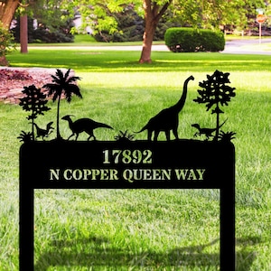 Custom Dinosaur Metal Address Sign, Dino Home Address Sign, Personalized Dinosaur Art Address Stake, New Home Outdoor Decor, Residence Sign
