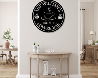 Custom Coffee Bar Metal Sign, Personalized Name Sign, Coffee Shop Decor, Kitchen Wall Art, Coffee Lover Gift, Small Business Wall Sign