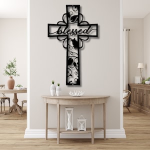 Blessed Cross - Metal Steel Sign, Housewarming Gift, Religious Metal Sign, Large Metal Wall Art, New Home Gift, Christian Decor Gift for Her