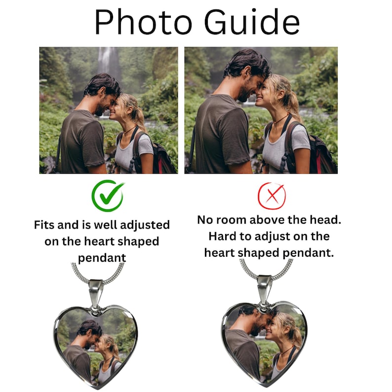 Photo guide with sample pictures, cropping tips and heart pendant mockups showing headroom for personalized pendant necklace