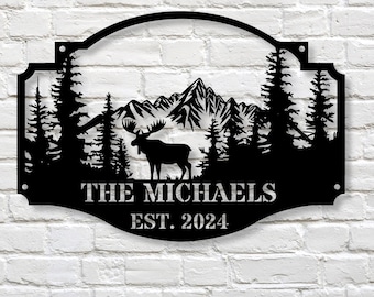 Custom Moose Metal Cabin Sign, Family Name Welcome Decor, Est. Signs