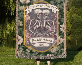 Custom Skeleton Couple Woven Blanket, Valentines Day Gift, Gothic Blanket,  Couples Anniversary Gift Skull Couple Gift, Halloween Throw