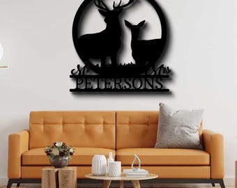 Custom Stag and Doe Metal Sign, Personalized Last Name Wall Art, Newly Weds Gift