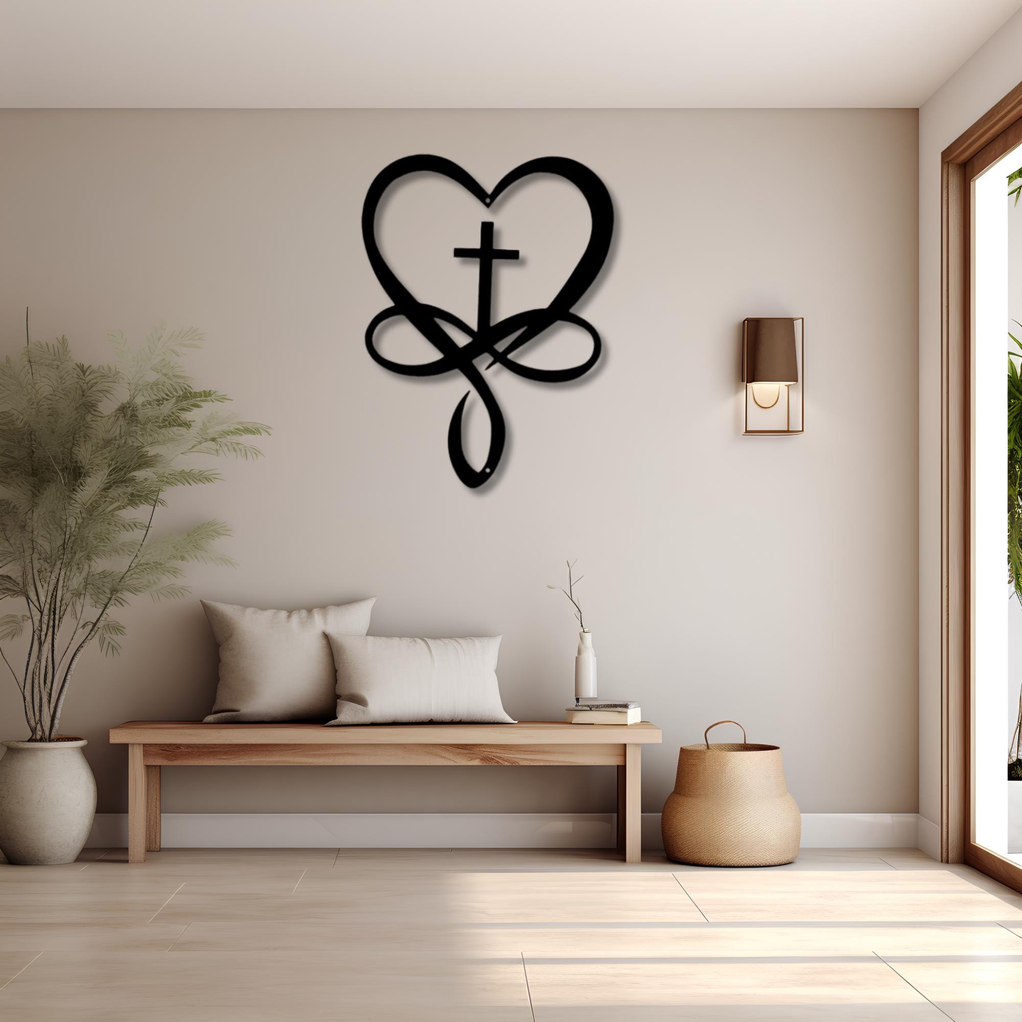 Heart Cross Infinity Symbol Metal Wall Art - 11 X 8.5 Inch Copper & Bronzed Plated Decor