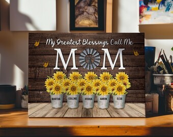 Personalized Mom Sunflower Canvas, Mother's Day Gift, Rustic Farmhouse Decor