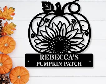 Personalized Pumpkin Sunflower Metal Sign, Fall Decor Wall Art