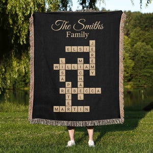 Custom Family Crossword Woven Blanket, Grandkids Name Blanket, Personalized Family Name Crossword, Family Keepsake, Crossword Throw