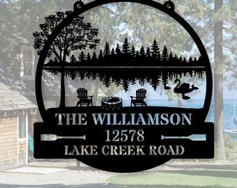 Customized Lake House Metal Address Sign, Last Name Metal Sign, Riverhouse Address Sign, Hanging Metal Address Sign, Cabin Metal Sign