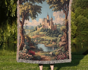 Fairytale Castle Tapestry Throw, Forestcore Woven Blanket, Woodland Fairycore Bohemian, Folklore Aesthetic Magical Landscape