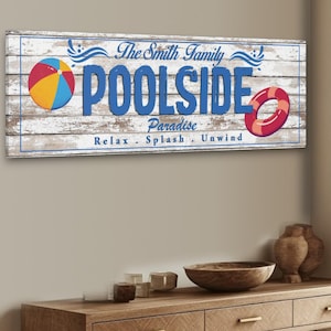 Poolside Sign Canvas Wall Decor, Summer Vacation House Sign, Custom Pool Sign, Swimming Pool Art, Summer Wall Art, Housewarming Pool Decor