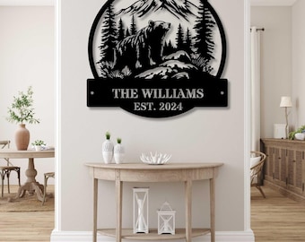 Customized Bear Mountain Wall Metal Sign, Cabin Wall Decor, Christmas Gift for Him, Last Name Personalized Metal Sign, Established Metal Art