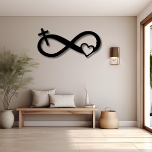 Infinite Love Metal Wall Art, Cross and Heart, Christian Anniversary Gift