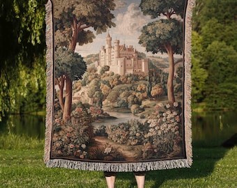 Woven Castle Tapestry Blanket, Fairytale Woodland Folklore Decor, 100% Cotton Yarn