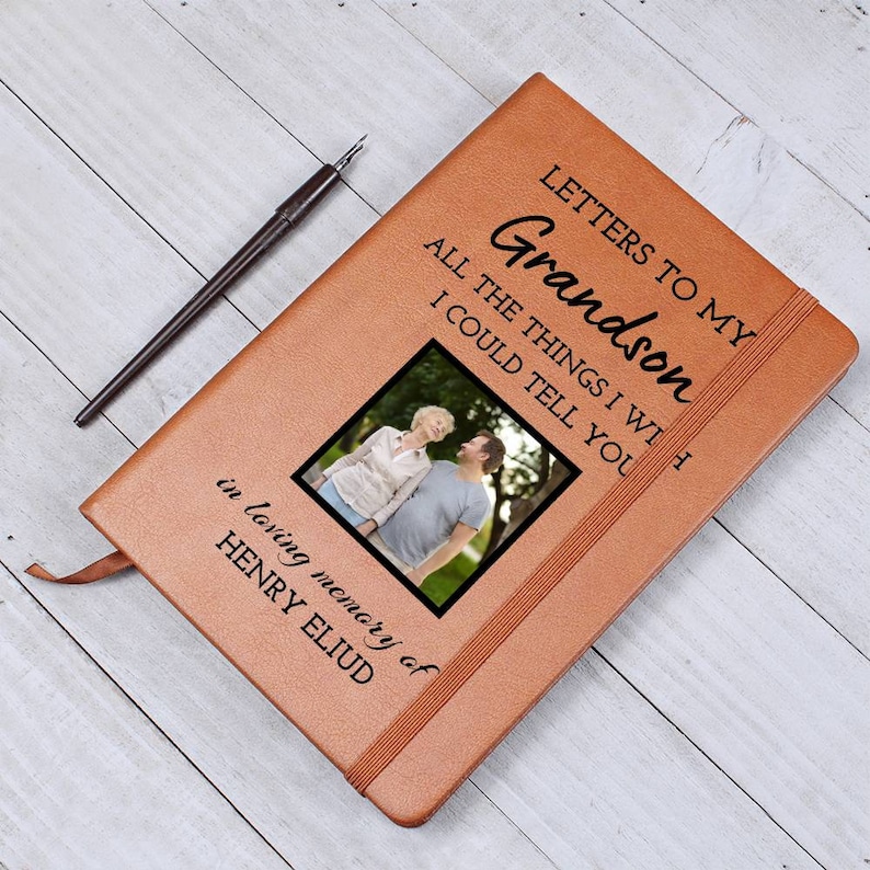Grandson Remembrance Photo Leather Journal, Grandson in Heaven Gift