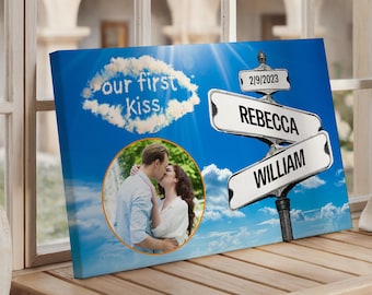 Personalized Couple Street Sign Canvas, Our First Kiss Photo Art, Wedding Anniversary Gift