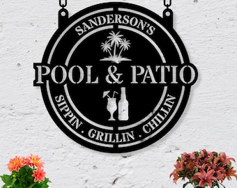 Personalized Pool & Patio Metal Sign, Outdoor Decor, Pool Signs for Outdoor, Custom Backyard, Bar And Grill Sign Decor Poolside Sign
