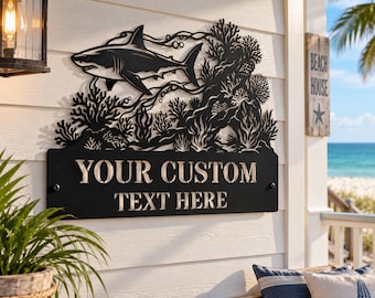 Custom Shark Metal Sign, Personalized Beach House Decor, Coastal Wall Art, Nautical Home Seaside