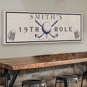 19th Hole Bar Canvas Sign, Personalized Golf Wall Decor, Beer Mug Artwork, Gift for Him, Custom Home Bar Sign, Man Cave Sign Golf Lover Gift