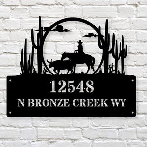 Cowboy Street Address Sign, Horizontal Metal Address Sign, Horse Farm Address Sign, Farmhouse Address Signage, Farm Address Plaque Home Sign