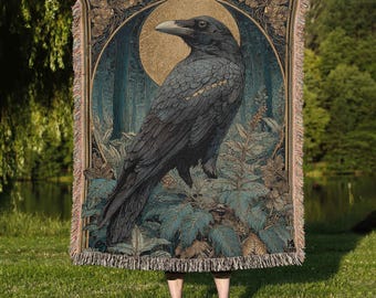 Black Raven Quilt Blanket, Raven Throw Blanket, Gothic Home Decor, Bird Lover Gift, Crow Blanket, Dark Aesthetic Bedding, Cozy Raven Gift
