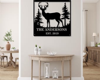 Custom Deer Monogram Metal Sign, Personalized Deer Metal Sign, Father's Day Gift, Hunting Cabin Wall Decor Deer Hunter Gift, Cabin Wall Sign