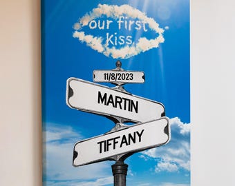 Personalized Couple Street Sign Canvas, Our First Kiss Anniversary Gift