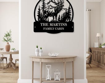 Custom Elk Metal Cabin Sign, Personalized Family Name Wall Decor