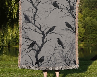 Crows Woven Blanket, Crow Throw Blanket, Bird Lover Blanket, Raven Decor, Gothic Blanket Throw, Black Bird Bedding, Wildlife Lover Gift