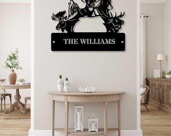 Personalized Wildlife Metal Sign, Last Name Mountain Cabin Decor