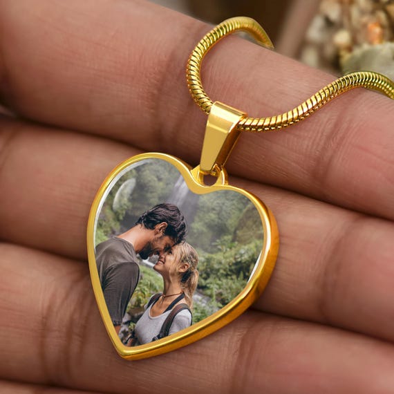 Custom Photo Heart Necklace, Gold Surgical Steel, Engraved Picture Jewelry