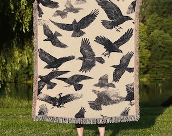 Gothic Raven Blanket, Raven Throw Blanket, Crow Blanket, Gothic Home Decor, Dark Aesthetic Blanket, Witchy Blanket, Black Bird Bedding