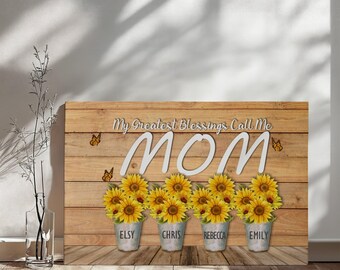Personalized Sunflower Mom Canvas Art, Custom Family Names Wall Decor