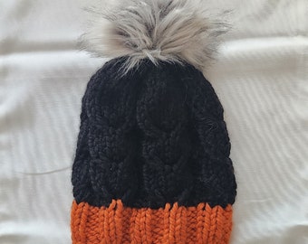 Adult Cable Beanie with Removable Pom Pom Black and Orange