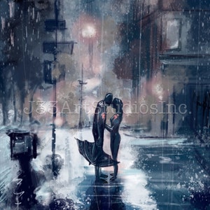 Lovers Kissing in the Rain, Hand Drawn Digital Print